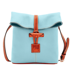 A light blue leather shoulder bag with a brown leather strap and a distinctive fold-over top secured by a brown toggle closure. It features contrast stitching and a branded tag.