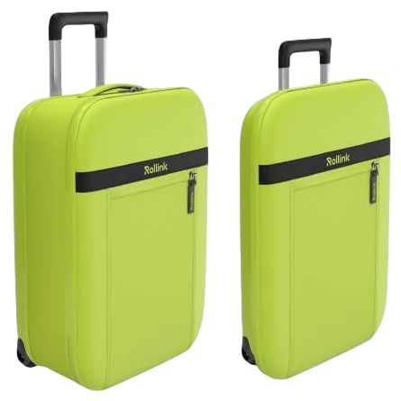 Bright green Rollink suitcase with a retractable handle and wheels, featuring a black horizontal stripe with a logo, and an exterior zippered pocket.