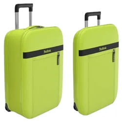 Bright green Rollink suitcase with a retractable handle and wheels, featuring a black horizontal stripe with a logo, and an exterior zippered pocket.