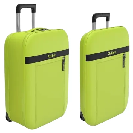Bright green Rollink suitcase with a retractable handle and wheels, featuring a black horizontal stripe with a logo, and an exterior zippered pocket.