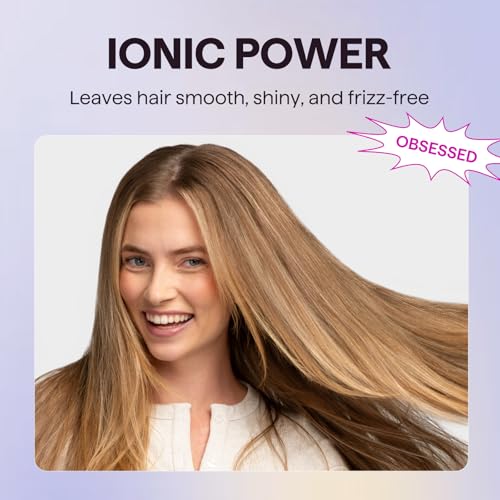 Text promoting ionic technology for hair, highlighting benefits like smoothness, shine, and frizz control, with the word \“OBSESSED\“ in pink.