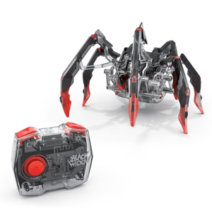 A spider-like robotic toy with mechanical details is shown alongside its hexagonal-shaped remote control labeled \“BLACK WIDOW.\“