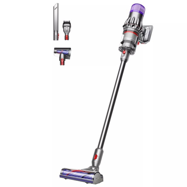Cordless stick vacuum cleaner with a detachable handle, featuring three attachments: a crevice tool, a brush tool, and a powered brush head for versatile cleaning options.
