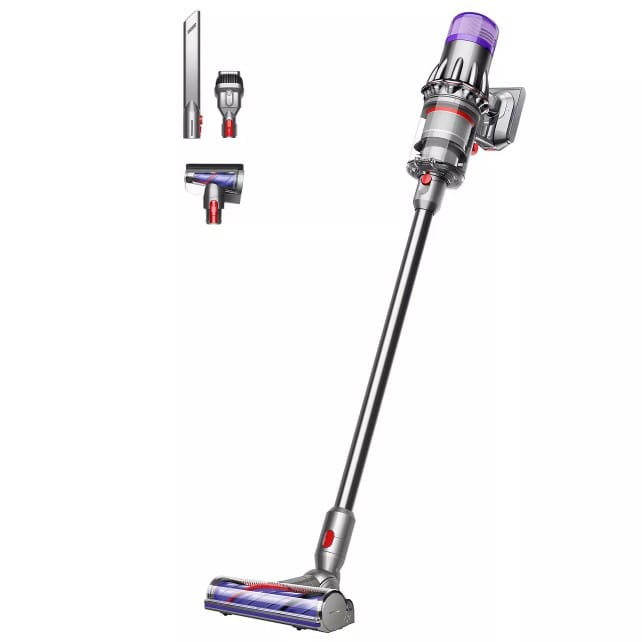 Cordless stick vacuum cleaner with a detachable handle, featuring three attachments: a crevice tool, a brush tool, and a powered brush head for versatile cleaning options.