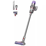 Cordless stick vacuum cleaner with a detachable handle, featuring three attachments: a crevice tool, a brush tool, and a powered brush head for versatile cleaning options.