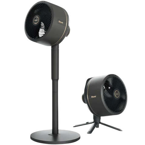 Two black rotating fans are shown: one on a tall stand and the other on a short tripod.