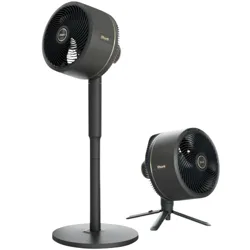 Two black rotating fans are shown: one on a tall stand and the other on a short tripod.