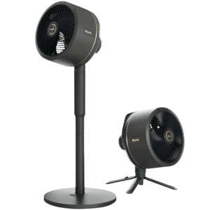 Two black rotating fans are shown: one on a tall stand and the other on a short tripod.