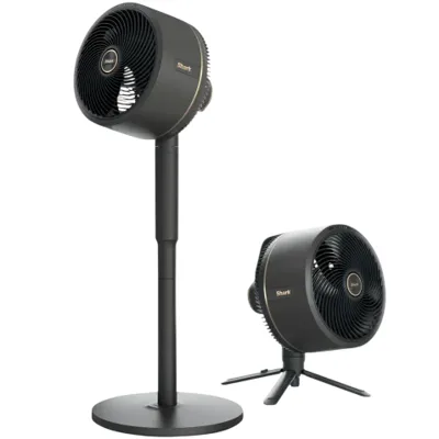 Two black rotating fans are shown: one on a tall stand and the other on a short tripod.