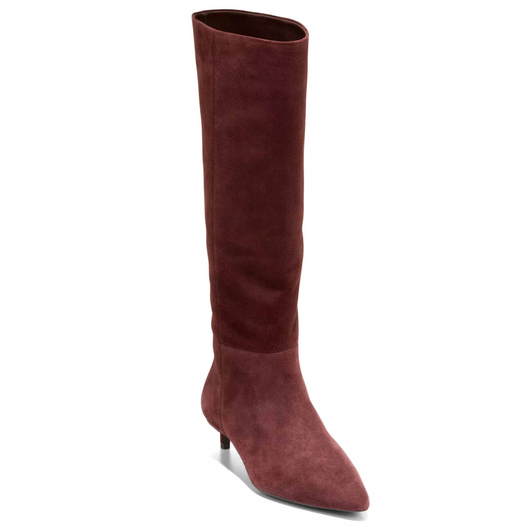 A burgundy suede knee-high boot with a pointed toe and a low, slender heel.