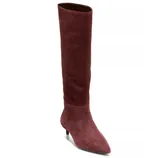 A burgundy suede knee-high boot with a pointed toe and a low, slender heel.