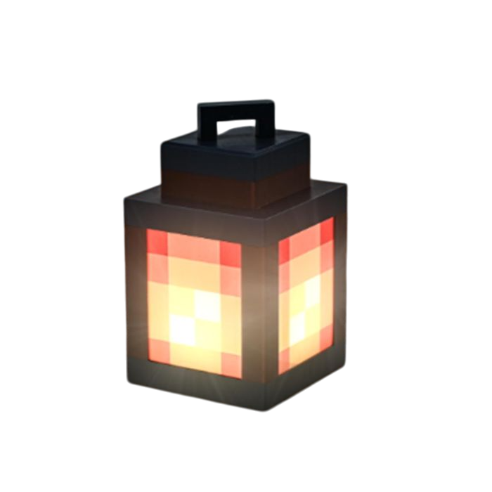A pixelated-style lantern emits a warm glow on sandy terrain, resembling a design commonly seen in video games like Minecraft.
