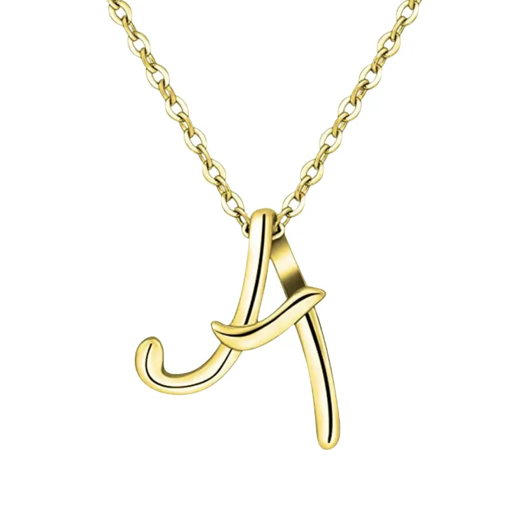 Gold chain necklace with a cursive letter 'A' pendant.