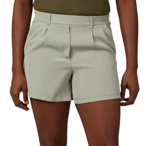 High-waisted, light gray shorts with belt loops, pleats, and a zipper closure, paired with a dark green top.