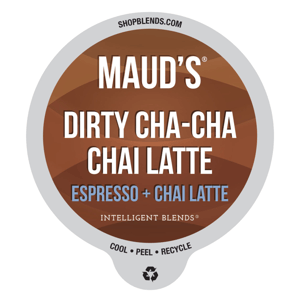 Maud's Dirty Cha-Cha Chai Latte is a blend of espresso and chai latte, designed for use with a single-serve coffee maker. Made by Intelligent Blends, it features a recyclable pod design.