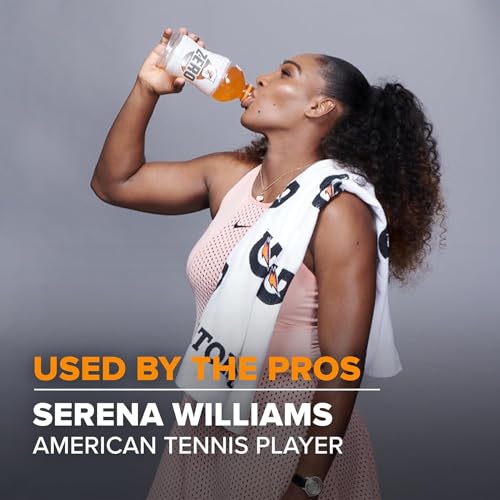 A tennis player is holding a bottle of Gatorade and wearing a Gatorade towel. Text reads: \“Used by the pros - Serena Williams, American tennis player.\“