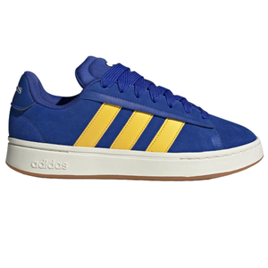 A blue Adidas sneaker featuring yellow stripes and a white sole with a gum outsole.