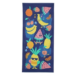 A colorful towel featuring cheerful fruit illustrations, including a banana, pineapple, watermelon, cherries, strawberries, and oranges, all with playful faces and accessories on a dark blue background.