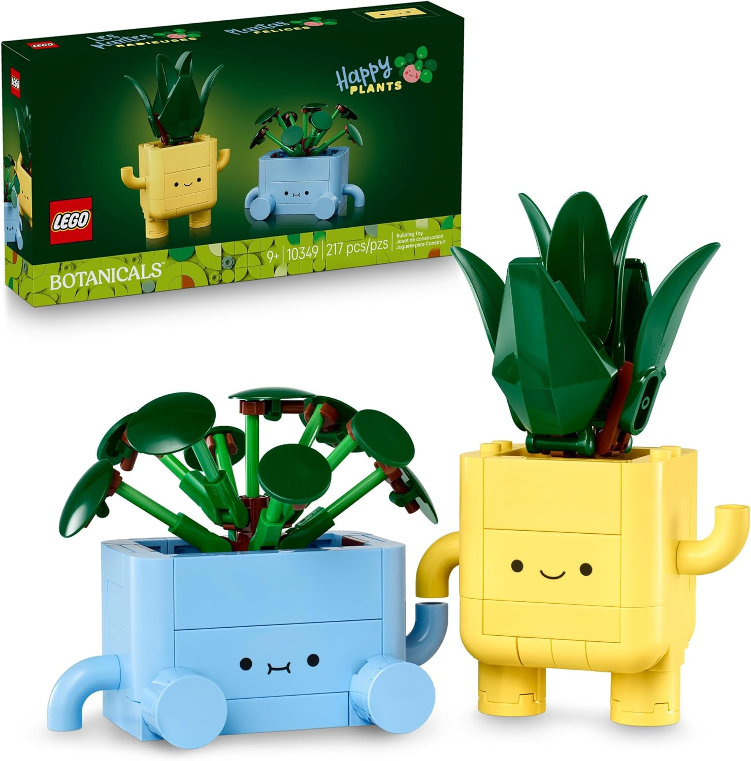 LEGO Botanicals set featuring two playful plant figures with cute faces, one in a yellow pot with tall leaves and another in a blue pot with circular leaves. Set number 10349 contains 217 pieces.
