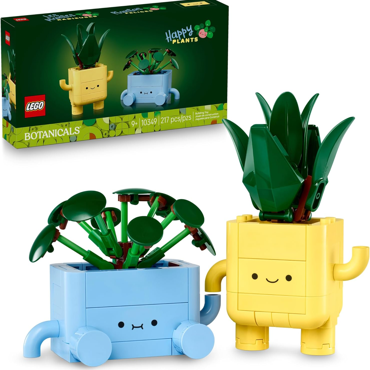 LEGO Botanicals set featuring two playful plant figures with cute faces, one in a yellow pot with tall leaves and another in a blue pot with circular leaves. Set number 10349 contains 217 pieces.