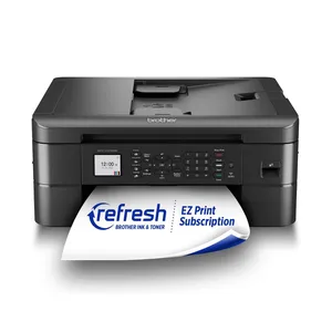 A Brother printer model MFC-J1010DW with a display and control panel shows a sheet labeled \“refresh Brother Ink & Toner EZ Print Subscription\“ emerging from it.
