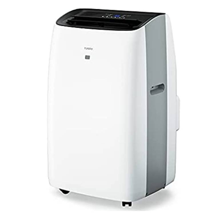 The Turbro Greenland Portable AC is a compact, white, portable air conditioning unit with a sleek design, featuring control buttons on the top and wheels for easy movement.