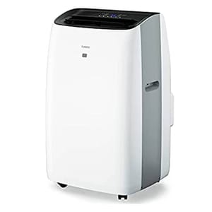 The Turbro Greenland Portable AC is a compact, white, portable air conditioning unit with a sleek design, featuring control buttons on the top and wheels for easy movement.