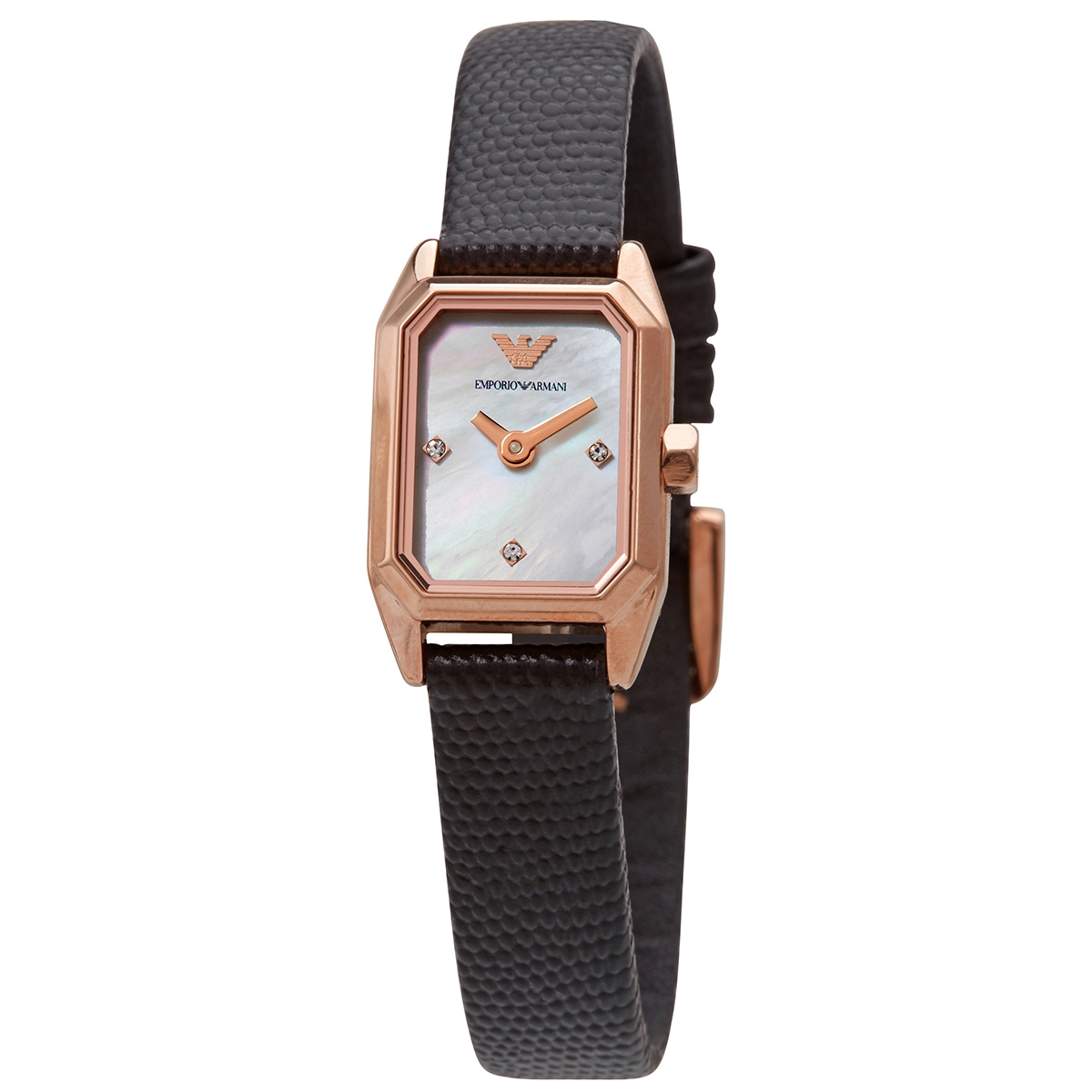 Emporio Armani watch with a black leather strap, rose gold-tone rectangular case, and a mother-of-pearl dial featuring minimalist hour markers and the Armani logo.