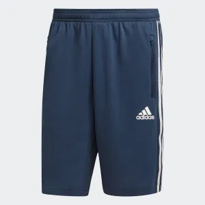 Navy blue Adidas shorts with white stripes and logo on the left leg, featuring an elastic waistband and a side pocket.