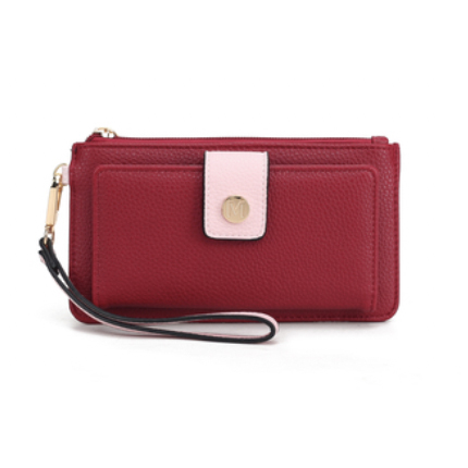 Red leather wristlet wallet with a pink snap closure and a black strap.