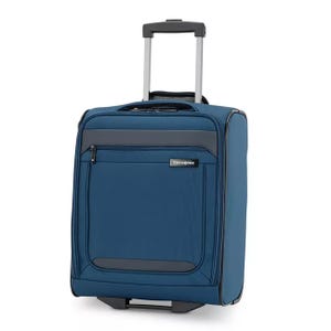 Blue Samsonite rolling suitcase with a telescopic handle and front zippered pocket.