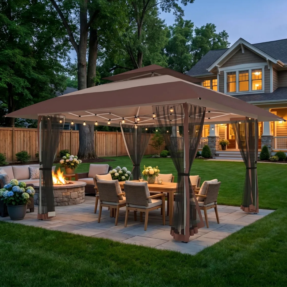 A backyard setup with a gazebo, netted curtains, a dining set, and a fire pit, surrounded by a well-kept lawn and illuminated garden lights.
