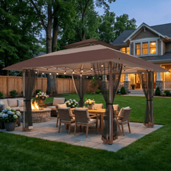 A backyard setup with a gazebo, netted curtains, a dining set, and a fire pit, surrounded by a well-kept lawn and illuminated garden lights.