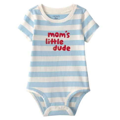 A blue and white striped baby bodysuit with short sleeves and the text \“mom's little dude\“ in red on the front.