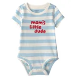 A blue and white striped baby bodysuit with short sleeves and the text \“mom's little dude\“ in red on the front.