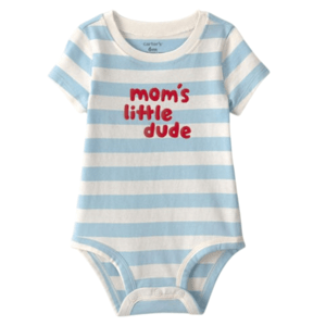 A blue and white striped baby bodysuit with short sleeves and the text \“mom's little dude\“ in red on the front.