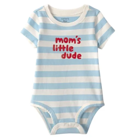 A blue and white striped baby bodysuit with short sleeves and the text \“mom's little dude\“ in red on the front.