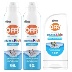 OFF! Insect Repellent for adults and kids, offers up to 6 hours of protection from mosquitoes. Available in 5 oz spray cans and a 3.8 oz lotion, suitable for ages 3 months and up.
