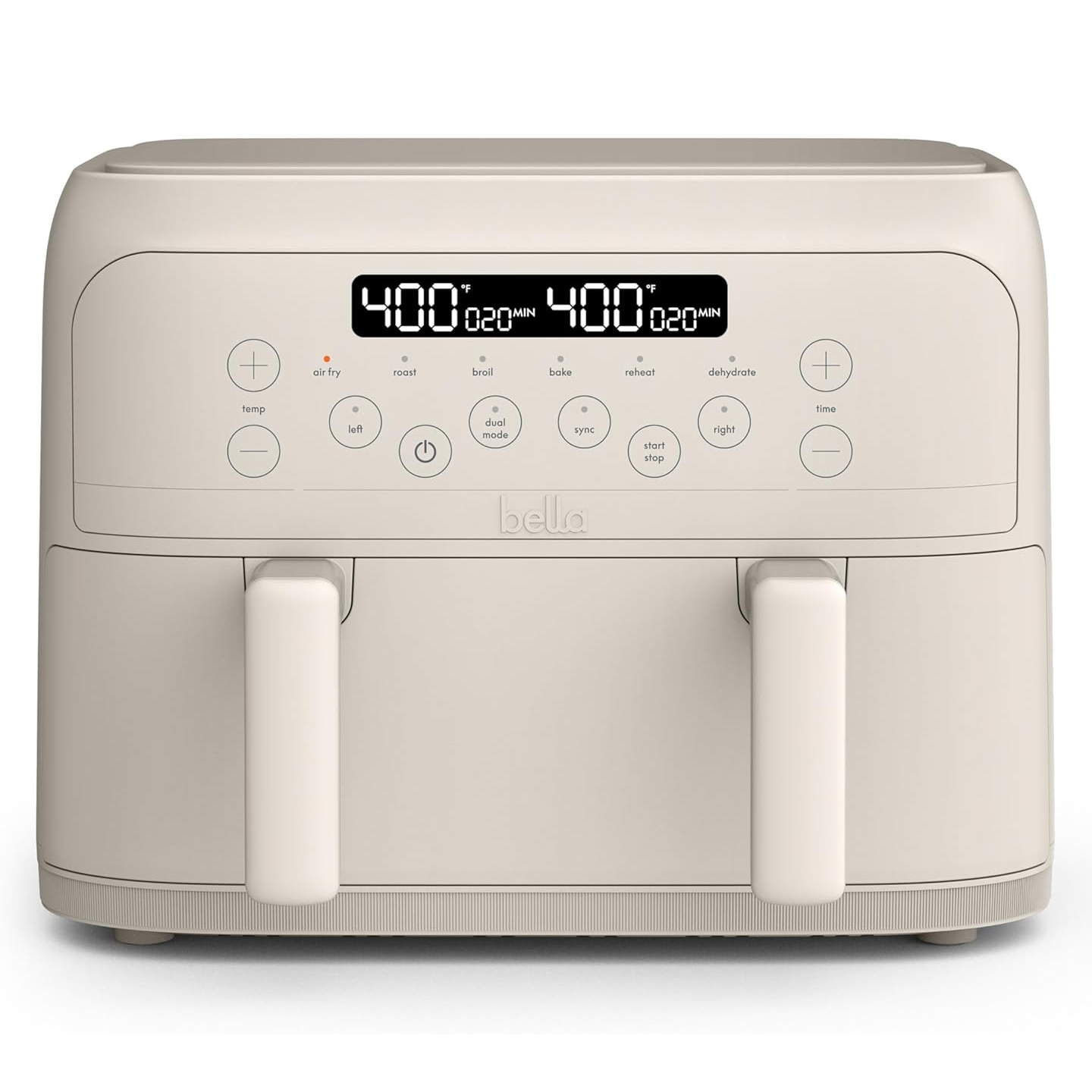 Bella 4qt Air Fryer has dual baskets, digital display, and buttons for air fry, roast, broil, bake, reheat, and dehydrate functions. The temperature and time are adjustable, and there are options for dual mode and synchronization.