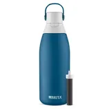 A blue Brita water bottle with a white lid and handle, accompanied by a black cylindrical filter.