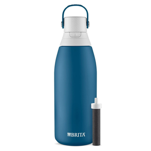 A blue Brita water bottle with a white lid and handle, accompanied by a black cylindrical filter.