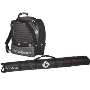 A black Samsonite backpack with a striped design and a cylindrical carry bag, both featuring the Samsonite logo.