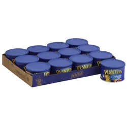 Planters Cashews halves and pieces in a blue can, displayed in a cardboard tray with multiple cans.