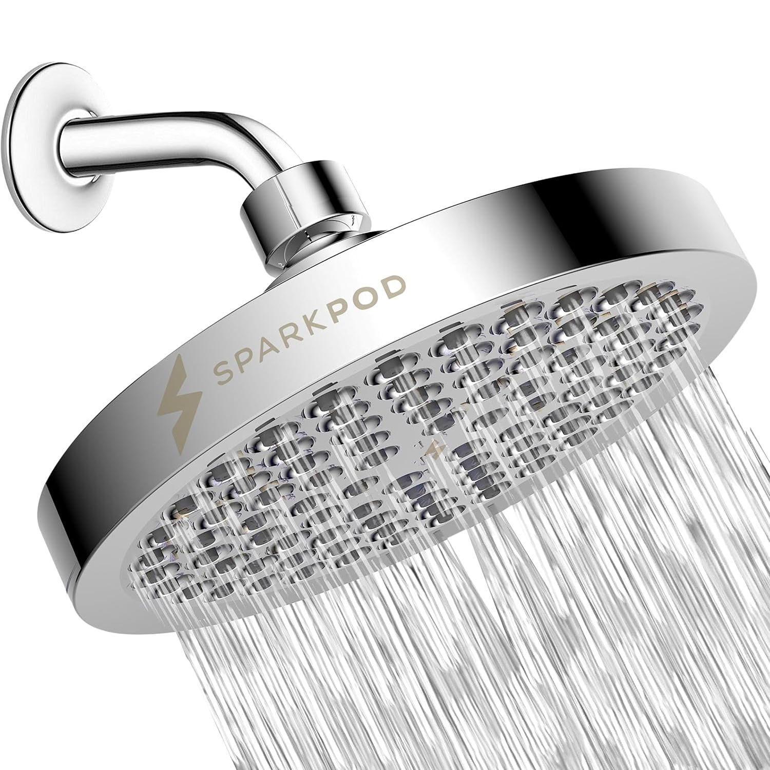 Chrome-finished shower head labeled \“SPARKPOD,\“ with multiple water streams emerging from its wide, round design.