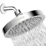 Chrome-finished shower head labeled \“SPARKPOD,\“ with multiple water streams emerging from its wide, round design.