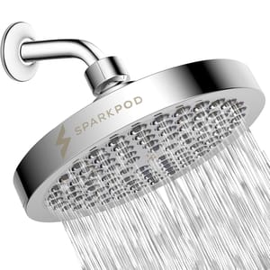 Chrome-finished shower head labeled \“SPARKPOD,\“ with multiple water streams emerging from its wide, round design.