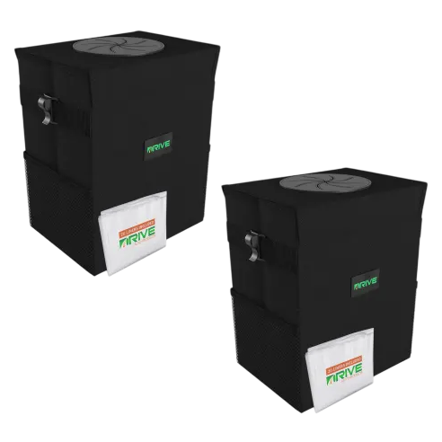 Two black fabric containers with mesh pockets, zippers, side handles, and branded logos, designed for storage or transport.