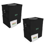 Two black fabric containers with mesh pockets, zippers, side handles, and branded logos, designed for storage or transport.