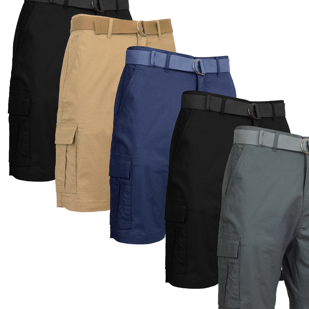 Five pairs of cargo shorts in black, khaki, navy, black, and gray, each with an integrated belt buckle.