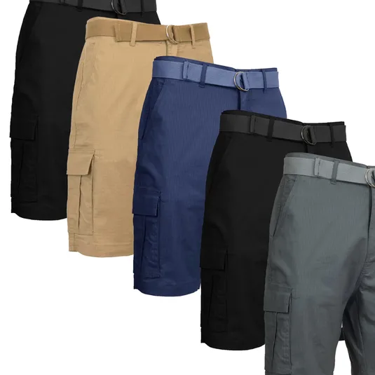 Five pairs of cargo shorts in black, khaki, navy, black, and gray, each with an integrated belt buckle.